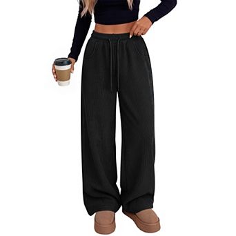 Women's Corduroy Pants Elastic Waist Drawstring Wide Leg Pockets Casual Fall Winter