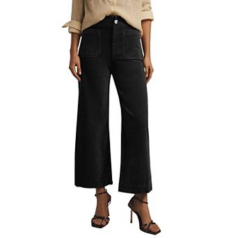 Womens High Rise Crop Corduroy Wide Leg Pants With Pockets Zipper Closure