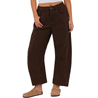 Women's Mid Rise Elastic Waist Corduroy Cropped Wide Leg Pants With Pockets