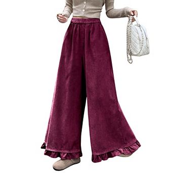 Women's High Waist Elastic Waist Ruffle Hem Wide Leg Corduroy Pants With Pockets
