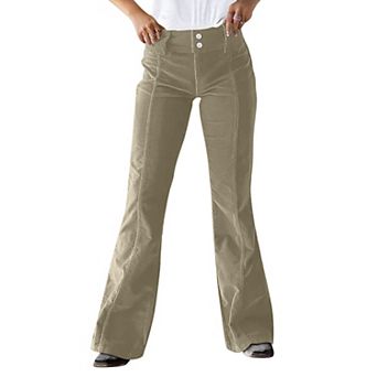 Mid Rise Flare Corduroy Pants Women Dual Button Casual Wear