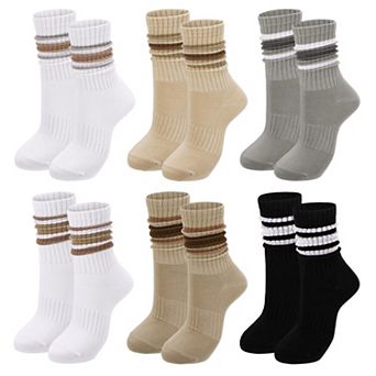6 Pairs Striped Athletic Crew Socks Soft Breathable For Women