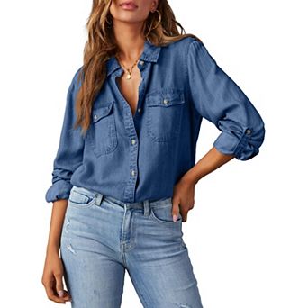 Women Long Sleeve V Neck Button Down Denim Casual Shirt Top