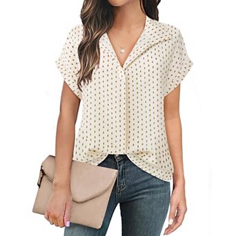 Women Short Sleeve Chiffon Blouses Collared Office Business Casual Tops