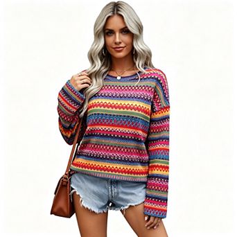 Women Boho Chevron Striped Knit Sweater, Long Sleeve Crew Neck Casual Ethnic Pullover