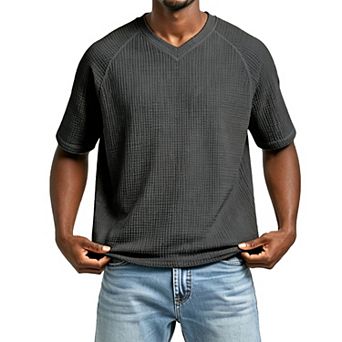 Men's Waffle Knit V Neck Short Sleeve T Shirt Raglan Long Sleeve Textured Casual Summer Top Blouse