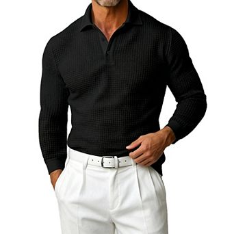 Men's Waffle Knit Long Sleeve Polo Shirt Classic Collar Button Down Slim Fit Casual Soft Top Blouse