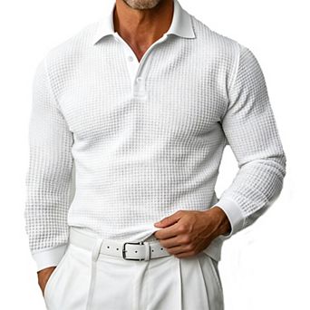 Men's Waffle Knit Long Sleeve Polo Shirt Classic Collar Button Down Slim Fit Casual Soft Top Blouse