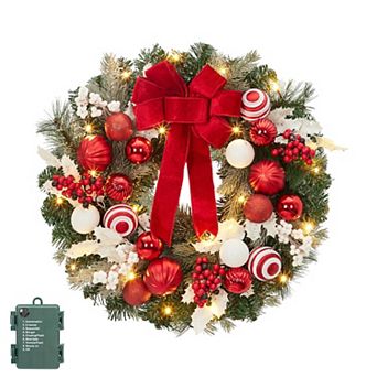24" Pre lit Christmas Wreath Red White Baubles Berries 8 Lighting Modes Timer for Front Door Decor