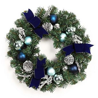 18" Pre lit Christmas Wreath Blue Silver Wreath with LED Lights for Front Door Wall Window Decor