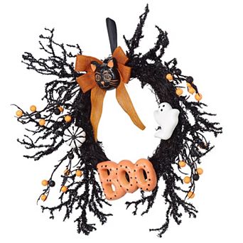 Halloween Wreath Cute Figure Orange Gingham Bow Maple Leaves Berries Front Door Decor