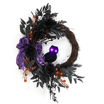 20" Halloween Wreath Light Up Black Cat Purple Lace Bow Black Roses Berries Front Door Decor