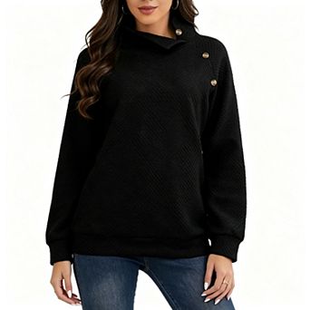 Women's Asymmetrical Button Mock Neck Textured Knit Pullover, Long Sleeve Casual Fall Sweatshirt