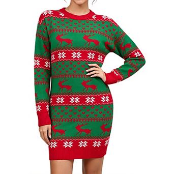 GloryStar Women Long Sleeve Ugly Christmas Sweaters Dresses Crew Neck Knit Elegant Christmas Outfits