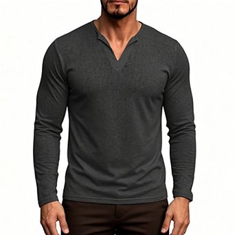 Men Cotton Linen Blend Long Sleeve Henley Shirt V‑Neck Pullover Casual Base Layer Top