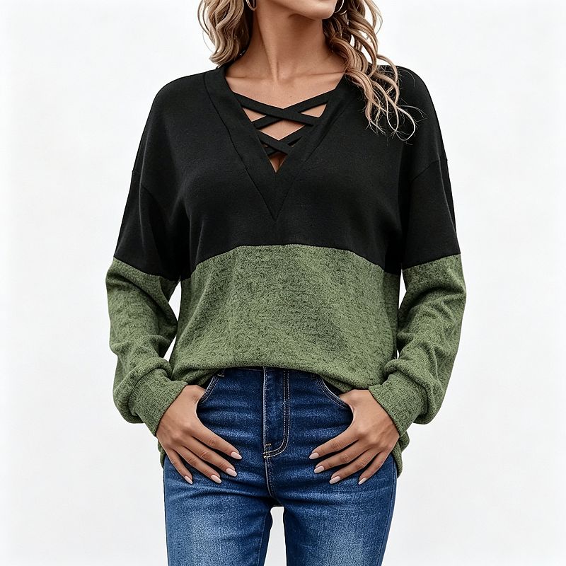 Women's v Neck Color Block Top, Long Sleeve Drop Shoulder Casual Pullover