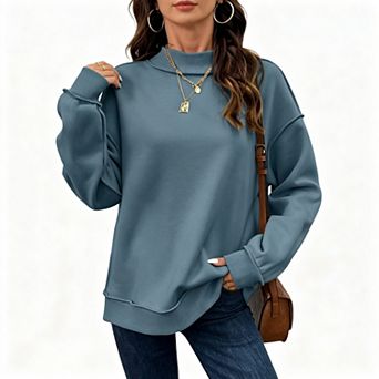Women's Mock Neck Exposed Seam Sweatshirt, Lantern Long Sleeve Oversized Fall Casual Pullover