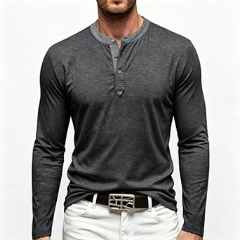 Men's Long Sleeve Henley Shirt Soft Stretch Button Placket Regular Fit Layering Top