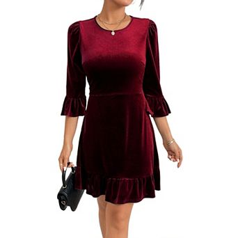 GloryStar Womens Crew Neck Velvet Dress 3/4 Sleeve Cocktail Christmas Party Club Ruffles Swing Dress
