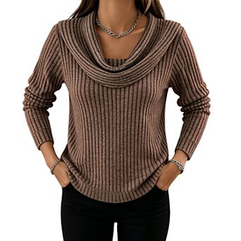 Womens Casual Loose Cowl Neck Ribbed Knit Top Striped Long Sleeve Pullover Sweater