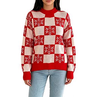 Women's Knit Winter Sweater Christmas Long Sleeve Snowflake Checkered Color Block Pullover Tops