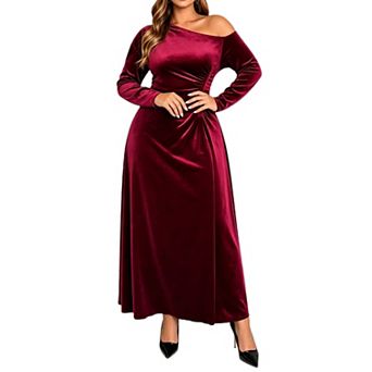 Women's Plus Size Asymmetrical Off Shoulder Velvet Gown Long Sleeve Side Ruched Full Slit Maxi Dress
