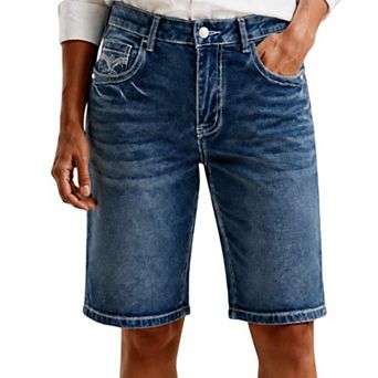 High‑Waist Denim Bermuda Shorts, Embroidered Flap Back Pockets Washed Stretch Jean Shorts for Women