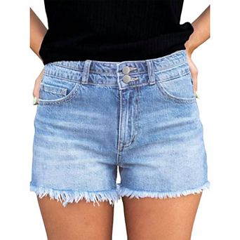 High Waist Denim Shorts, Double Button Closure Frayed Raw Hem Washed Stretch Casual Shorts for Women