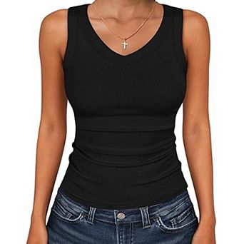 Women's Ribbed V-Neck Sleeveless Fitted Tank Top, Casual Basic Stretch Slimming Camisole