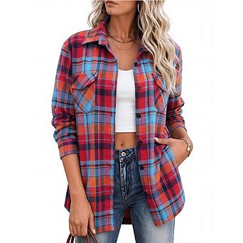 Women's Long Sleeve Plaid Flannel Button Down Shirt, Casual Collared Loose Tunic Top with Chest Pock