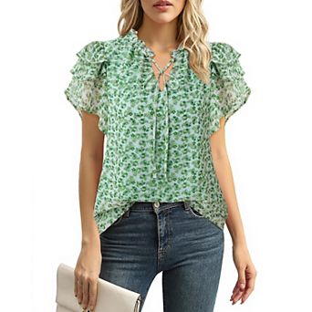 Summer Chiffon Ruffle Short Sleeve Casual Work Tops For Women