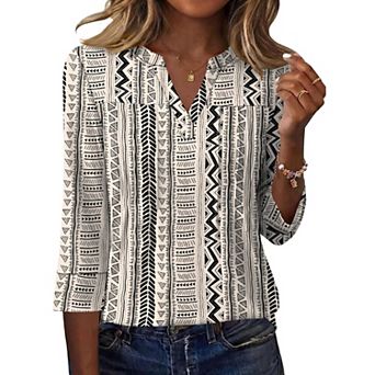 Women 3/4 Length Sleeve V Neck Dressy Casual Blouse Tops