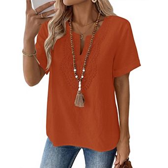 Linen Blend Short Sleeve Blouses Lace V Neck Loose Casual Summer Tops