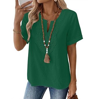 Linen Blend Short Sleeve Blouses Lace V Neck Loose Casual Summer Tops