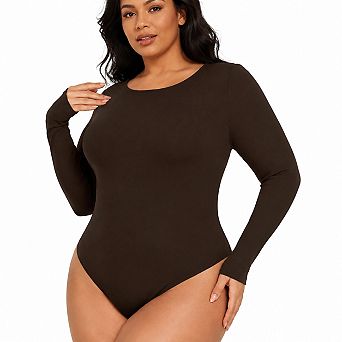 Plus Size Long Sleeve Crew Neck Slim Fit Stretchy Basic Bodysuit Tops