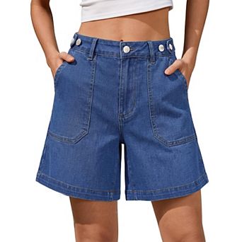Women Adjustable Waist Wide Leg Denim Jean Shorts Casual Stretch Distressed Patch Pockets