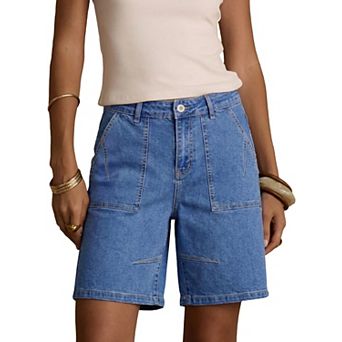 Women High Waisted Stretchy Pleated Denim Bermuda Jean Shorts Summer Casual