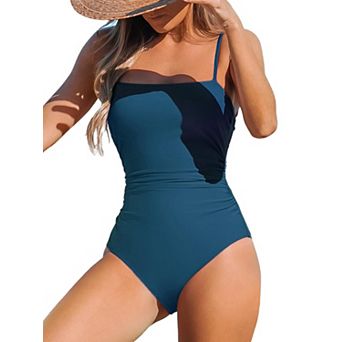 Women Square Neck Ruching Bathing Suit Adjustable Straps Removable Cups