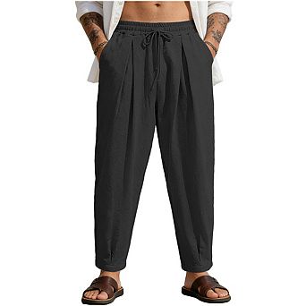 Men's Drawstring Linen Casual Pants Elastic Waist Loose Fit Ankle Trousers with Pockets