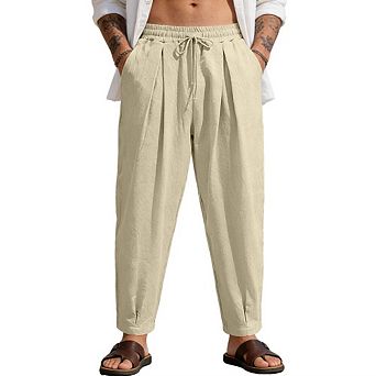 Men's Drawstring Linen Casual Pants Elastic Waist Loose Fit Ankle Trousers with Pockets