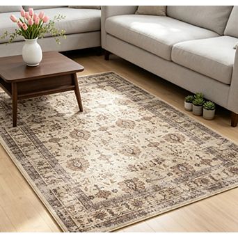 Vintage Area Rug Machine Washable Rug Non-Slip Backing Foldable Distressed Rug for Living Room