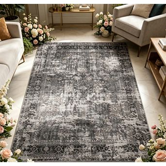 Vintage Area Rug Machine Washable Rug Non-Slip Backing Foldable Distressed Rug for Living Room