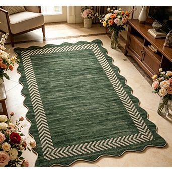 Scalloped Area Rugs Easy Jute Rug Modern Bordered Outdoor Rug for Patio Non-Slip Carpet