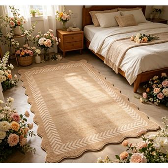 Scalloped Area Rugs Easy Jute Rug Modern Bordered Outdoor Rug for Patio Non-Slip Carpet