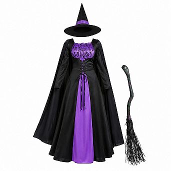 Halloween Womens Witch Costume Dress And Hat Gothic Cosplay Outfit
