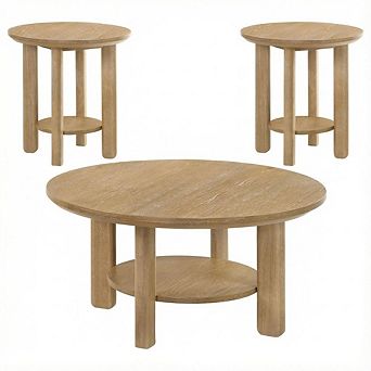FurniFact 3 pc Brown Round Wood Coffee Table Set with End Tables and Durable Design