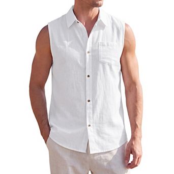 Men's Linen Tank Top Button Down Sleeveless Casual Summer Beach
