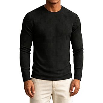 Men Long Sleeve Crew Neck Textured T Shirt Casual Pullover Basic Undershirt Top