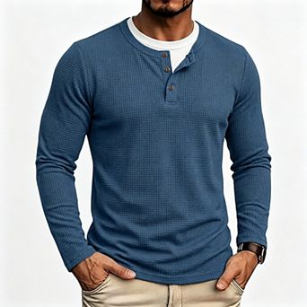 Men's Two-in-One Button Henley Shirt, Stretch Waffle Knit Long Sleeve Pullover