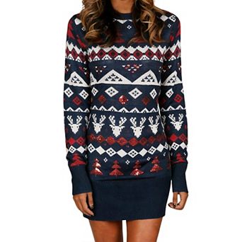 Women's Christmas Knit Dress Long Sleeve Crew Neck Bodycon Dress Reindeer Slim Sweater Dress